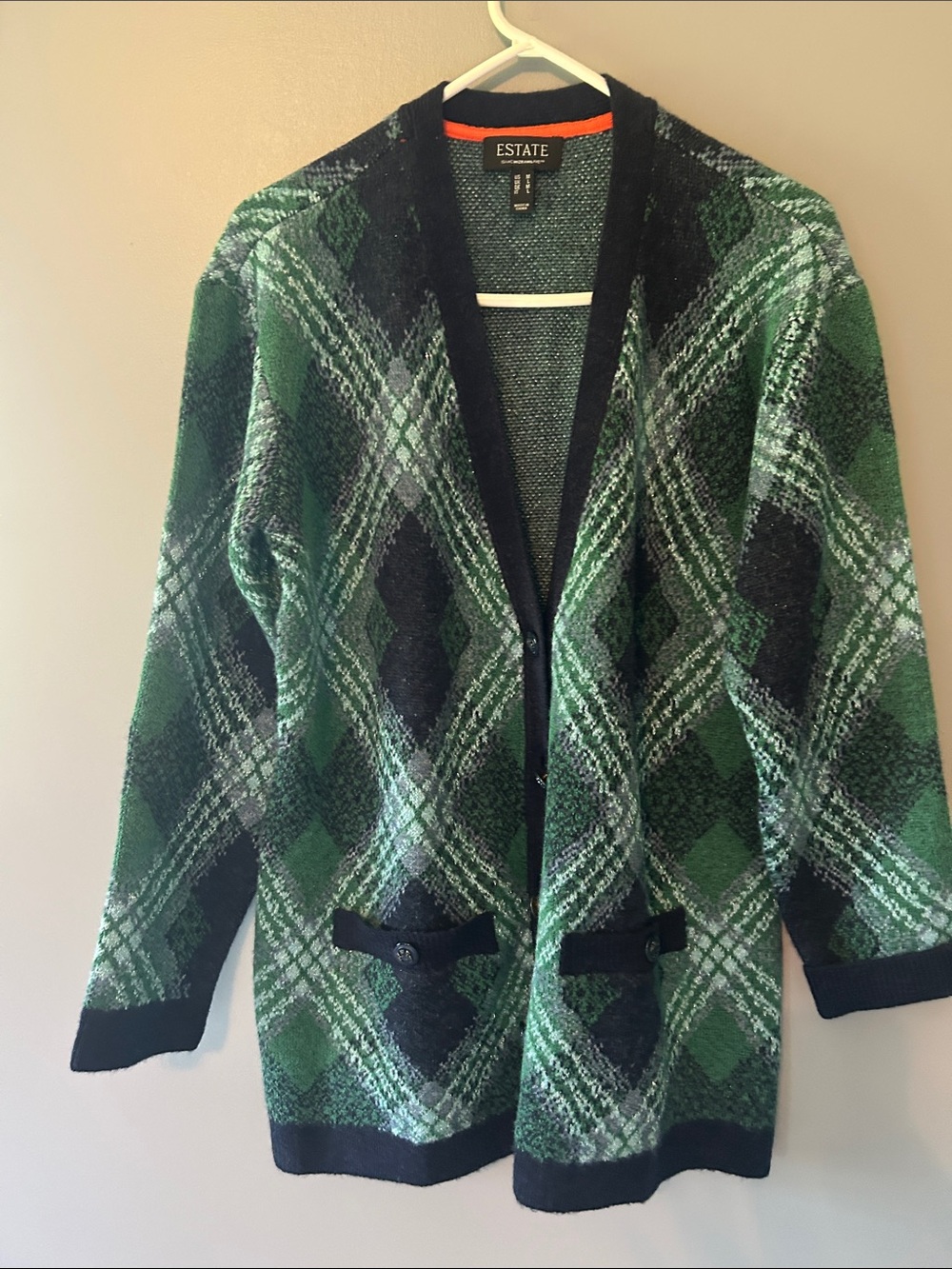 Estate Navy, Green and Orange Trim Argyle Knit Cardigan